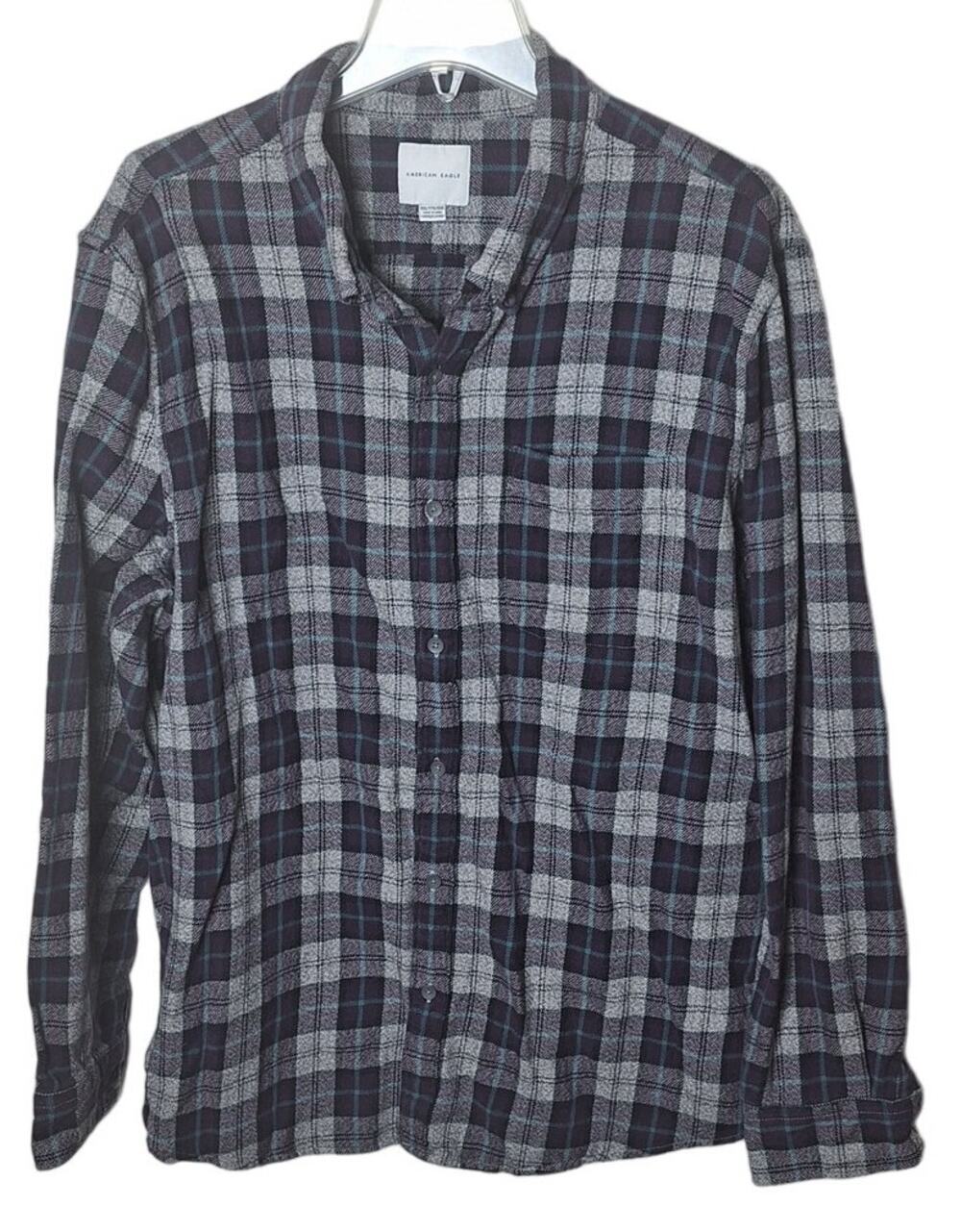 American Eagle Outfitters Men's XXL Purple Gray Plaid Button Front Flannel Shirt
